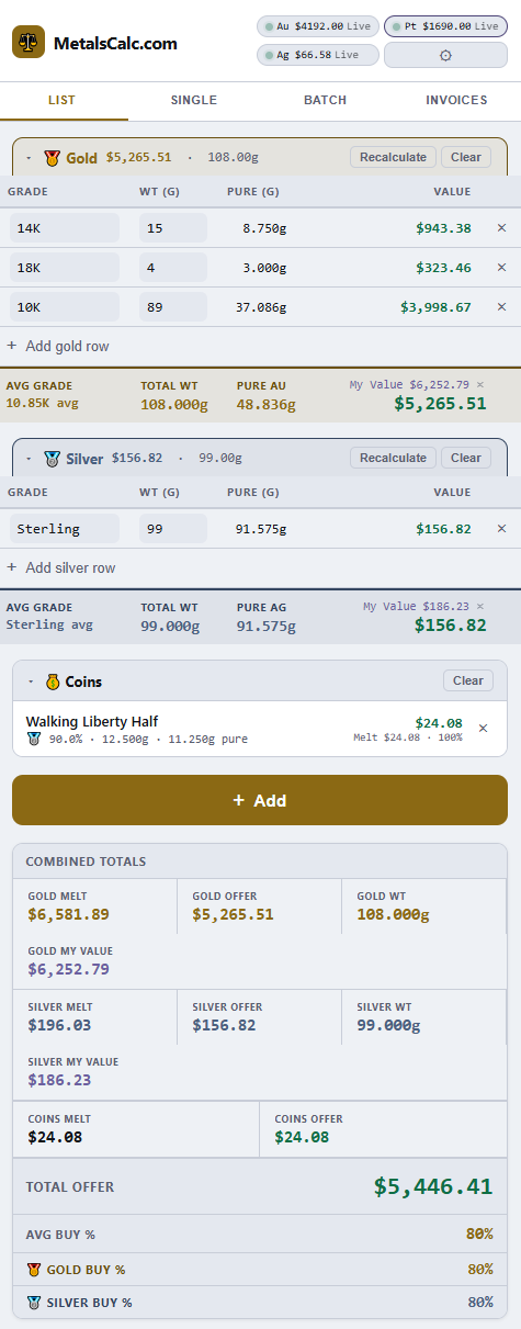 MetalsCalc.com list view showing gold, silver and coin lots with combined totals and a $5,446.41 total offer