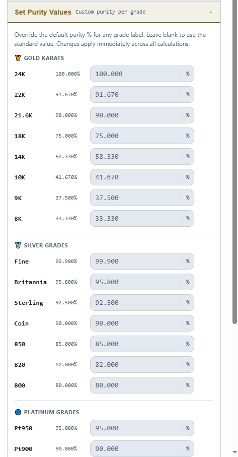 MetalsCalc purity settings panel showing customizable percentages for gold karats, silver grades, and platinum