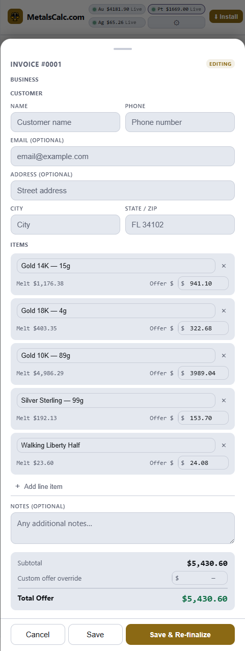 MetalsCalc invoice editing screen showing customer name, phone, address fields and per-item offer overrides